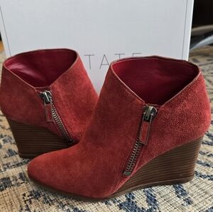 Red Suede Wedge Ankle Booties